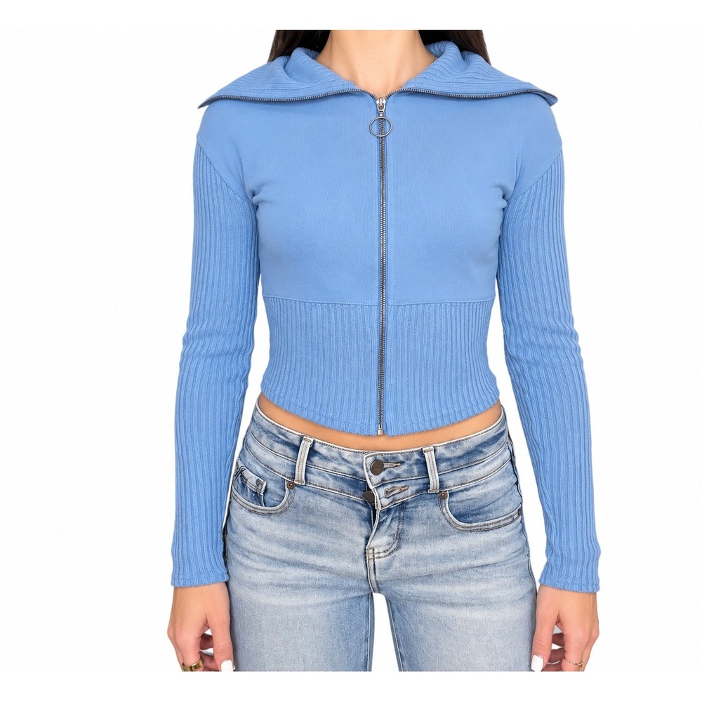 Urban Outfitters BDG Blue Y2K Ribbed Zip Up Cropped Cardigan Sweater